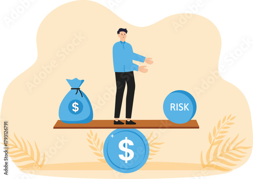 Balance between risk and profit. Business risk and Financial management. entrepreneurs balance between business profits and risks at the top of the mountain.
