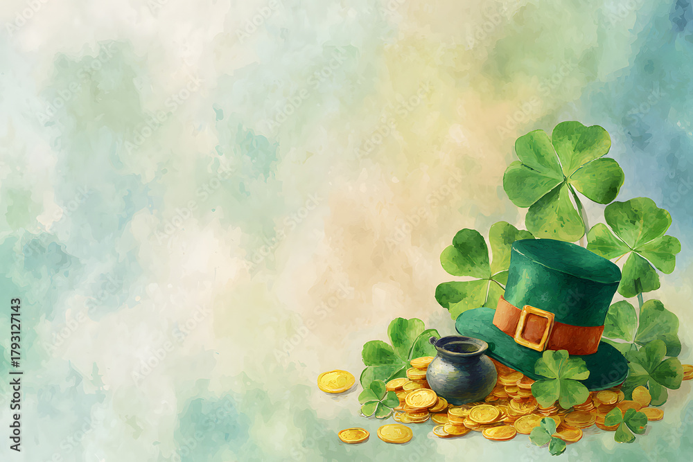 Fototapeta premium Celebration of St. Patrick's Day with a green hat, pot of gold, and clovers on a soft background