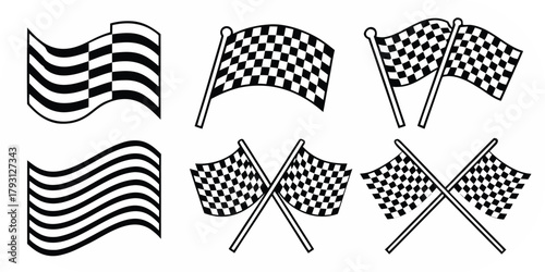 Set of Black and White Racing Flags and Checkered Flags on White Background finish line start line