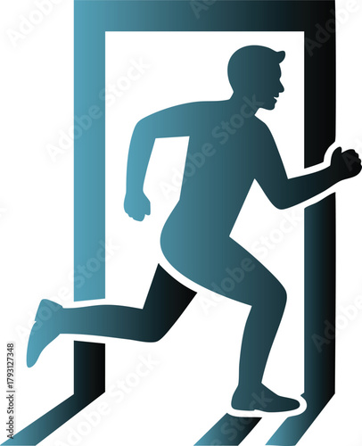 Dynamic silhouette of a person running through an open doorway vector illustration.
