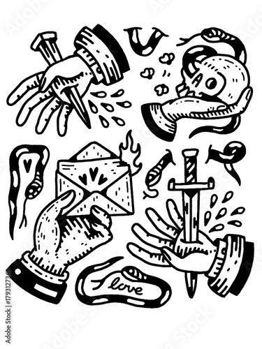 Edgy vintage ink, dark occult hand symbols, bold lines