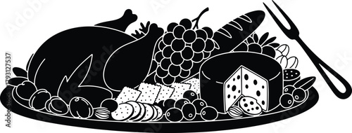 Festive Holiday Feast Vector Illustration with Turkey Cheese and Grapes