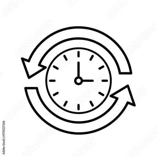Black and white icon of a clock with arrows indicating time passing or a cycle