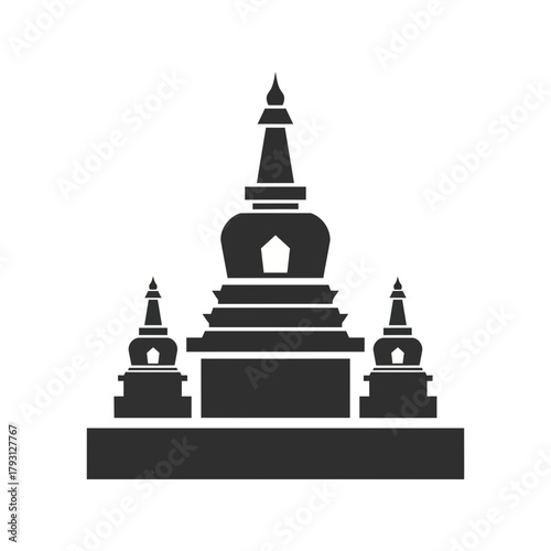 Stylized black silhouette of a buddhist stupa with multiple smaller stupas on a, representing religious architecture and spiritual sites