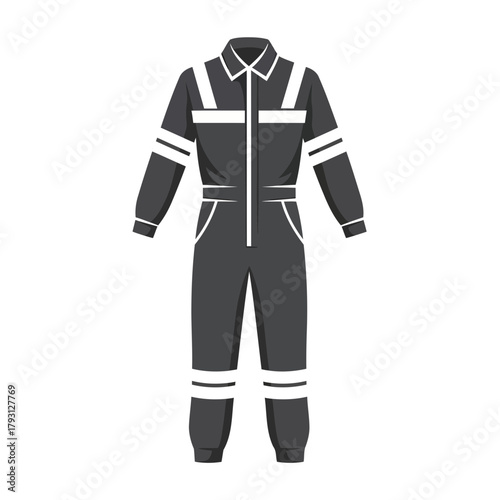 Dark grey industrial work jumpsuit with reflective stripes on collar, sleeves, and legs
