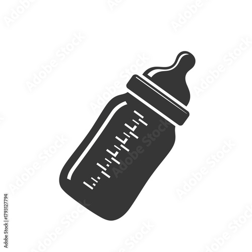 A simple black icon of a baby feeding bottle with measurement markings, isolated on a, symbolizing infant care and nutrition
