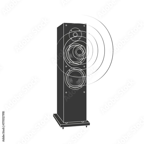 A tall speaker with sound waves emanating from it, representing music, audio, and sound technology