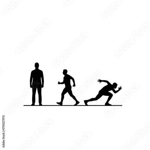 Three black silhouette figures showing progression from standing to running