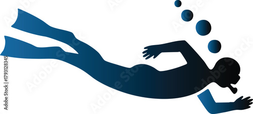 Silhouette of a scuba diver exploring underwater with rising air bubbles vector illustration.