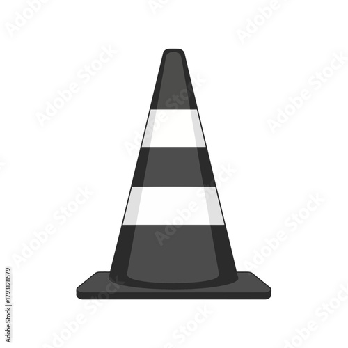 A black and white traffic cone with reflective stripes, isolated on a