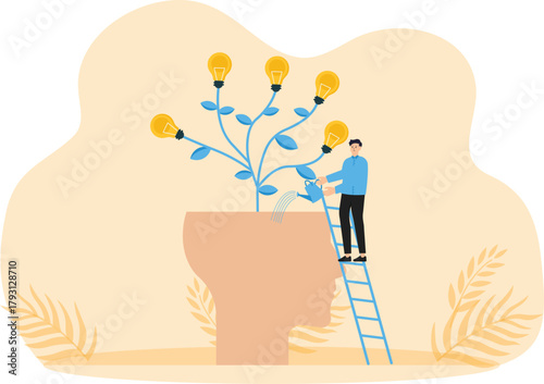 Growth mindset concept and symbol of businessman watering beni plants with big head. Self-development self-improvement and self-development, metaphor for personality growth concept.
