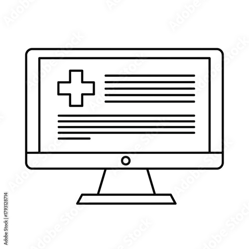 Computer monitor displaying medical cross and text, symbolizing telemedicine, healthcare, or digital health records