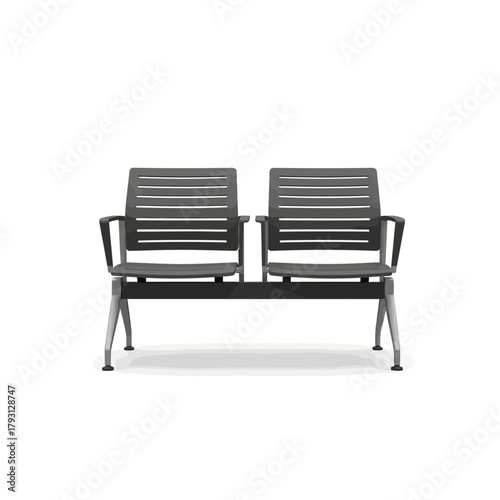 Modern gray waiting room chairs with metal legs and armrests, arranged in a row isolated on a