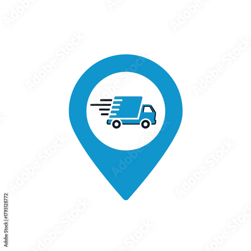 A blue location pin icon with a stylized truck moving quickly inside a circle, representing delivery, logistics, and transportation services