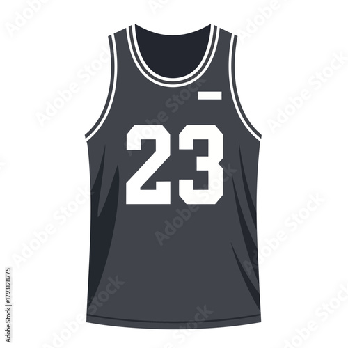 A dark grey basketball jersey with white trim and the number 23 in large white font, representing sports, athletics, and team apparel
