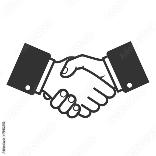 A graphic illustration depicting two hands in a firm handshake, symbolizing agreement, partnership, and business deal, isolated on a