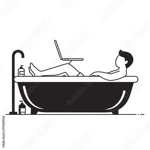 Man relaxing in bathtub with laptop, working remotely from home, illustration