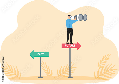 Concept of seeing business opportunities and leadership vision looking at company strategy to achieve targets, businessman with binocular telescope looking for visionary business.
