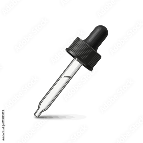 A closeup studio shot of a glass dropper with a black rubber bulb