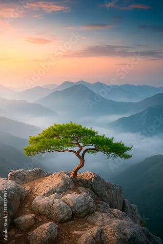 Landscape of a tree on some rocks, with mountains and mist in the background