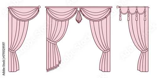 Three Pink Drapes With Swags Tassels And Tiebacks On A White Background curtains window