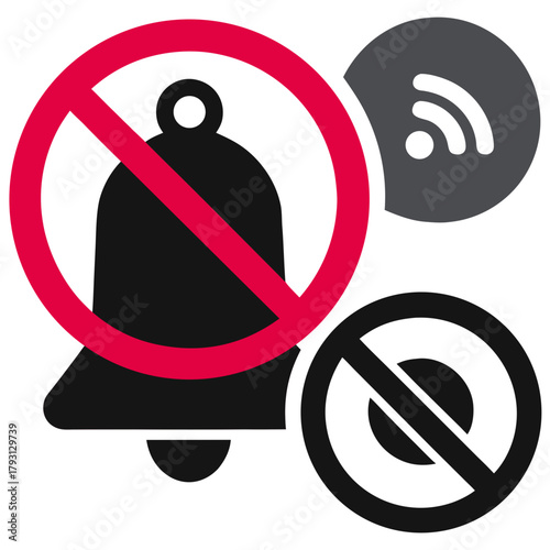 Muted Bell and Wi- Fi Icons with Prohibition Signs