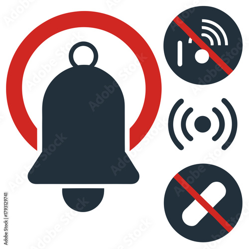Muted Bell and Wi- Fi Icons with Prohibition Signs
