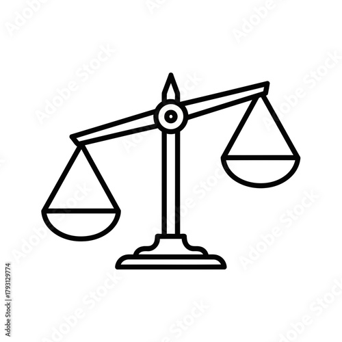 Line art icon of a balance scale, representing justice, law, or weighing options, with one pan slightly lower than the other