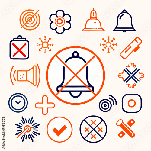 Orange and Blue Icons for Alerts and Restrictions Keywords: alert, restriction, icon, set, bell