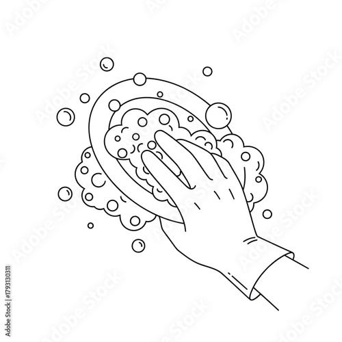 Line art drawing of a hand wearing a glove, scrubbing a plate with a soapy sponge, depicting dishwashing, cleaning, or household chores