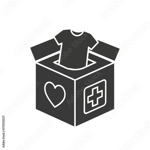Black silhouette icon of a donation box with a tshirt inside, featuring a heart and a medical cross symbol
