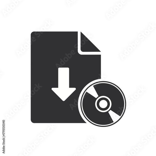 Black silhouette icon of a document with a download arrow and a cd disc