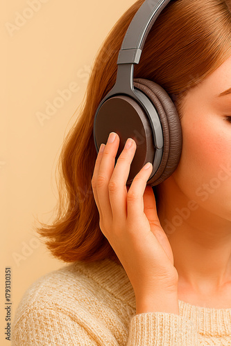 Detail of a girl listening to music with headphones