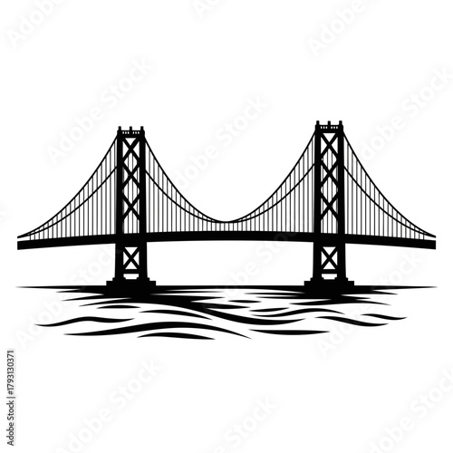 Silhouette of a suspension bridge with towers and cables spanning over water, representing travel, engineering, connection, or urban landscape