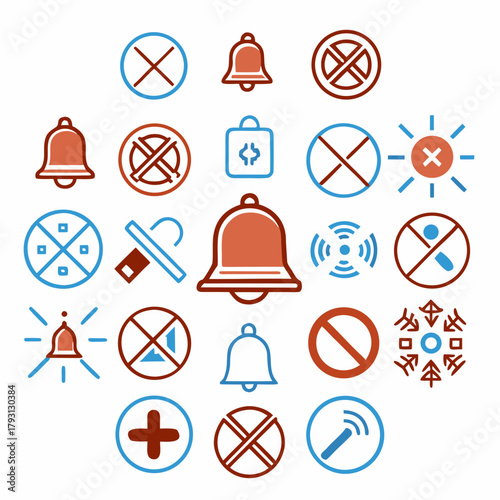 Set of Notification and Prohibition Icons in Blue and Red