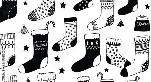 Holiday Season Festive Christmas Socks Seamless Pattern in Black and White