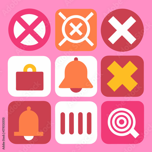 Square Grid of Colorful Flat Icons with Bells and Crosses