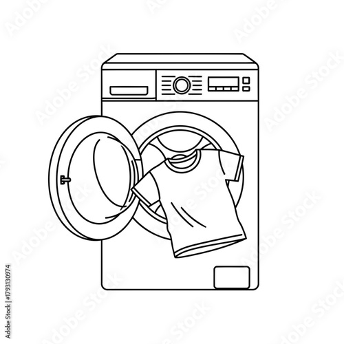 Washing machine with open door and a tshirt inside, for laundry and cleaning services