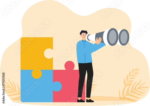 finding a solution or looking for the last missing piece to complete or complete a job, leadership mission, businessman standing on an incomplete puzzle looking for the missing piece.
