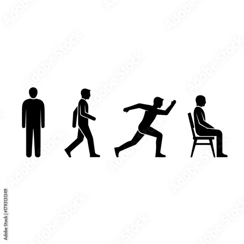 Evolution of man pictogram showing stages from standing to walking to running to sitting