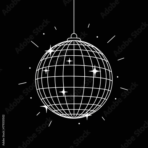 A white disco ball with sparkling lights radiating outwards against a, representing celebration, party, and nightlife