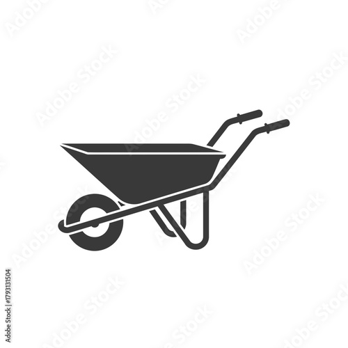 A black silhouette of a wheelbarrow isolated on a, representing a tool for gardening and construction