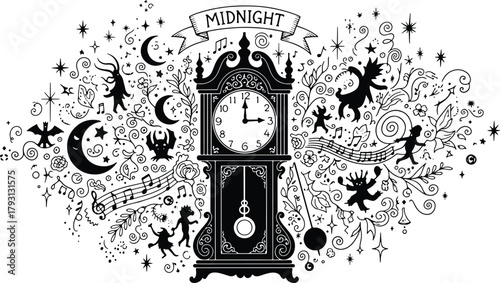 Magical midnight clockwork dreamscape with dancing creatures and floral accents