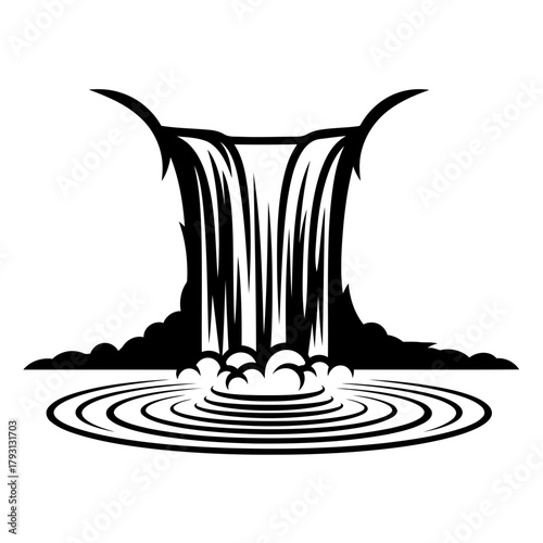Stylized black and white illustration of a waterfall cascading into rippling water