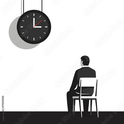 A man sits on a chair in front of a large clock on a white wall, waiting for time to pass
