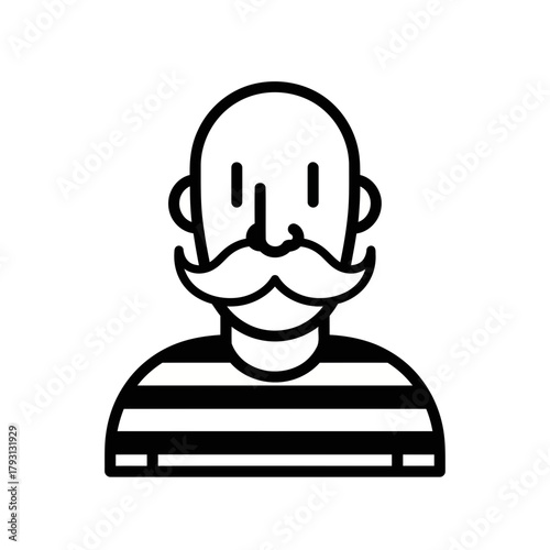 Stylized black and white line art icon of a man with a large mustache and striped shirt