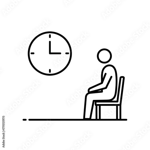 A person sitting on a chair looking at a clock on the wall, symbolizing waiting or time passing, isolated on a