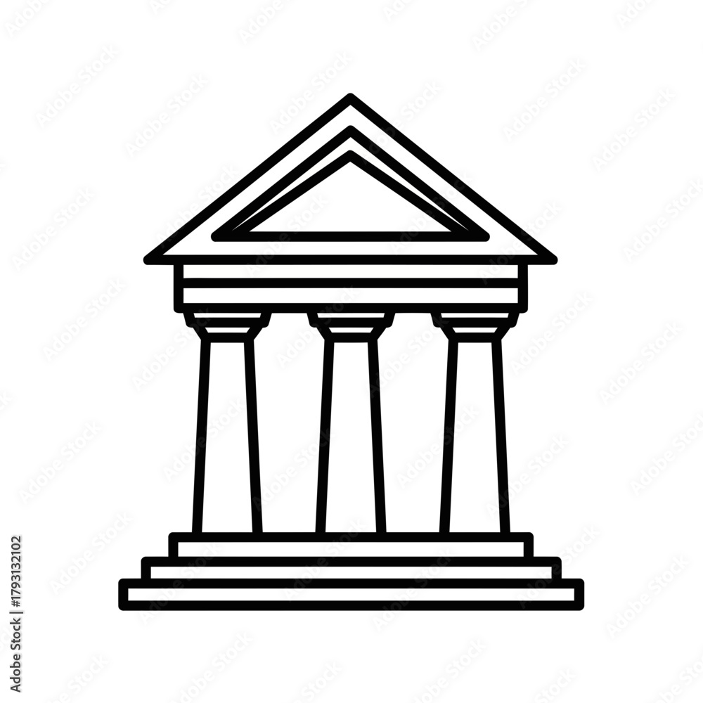 Fototapeta premium A simple line art icon representing a classical building with columns and a triangular pediment