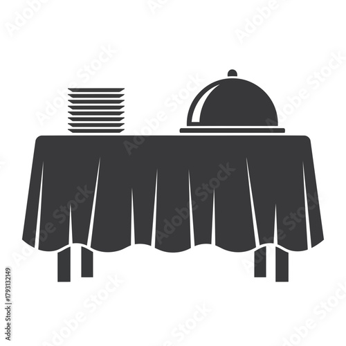 A formal dining table covered with a draped tablecloth, set with a stack of plates and a silver cloche, representing a catered event or a special meal setting