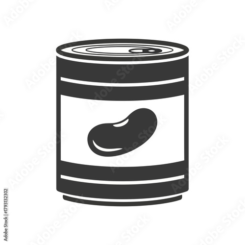 A simple black and white illustration of a canned food item, likely beans, with a label
